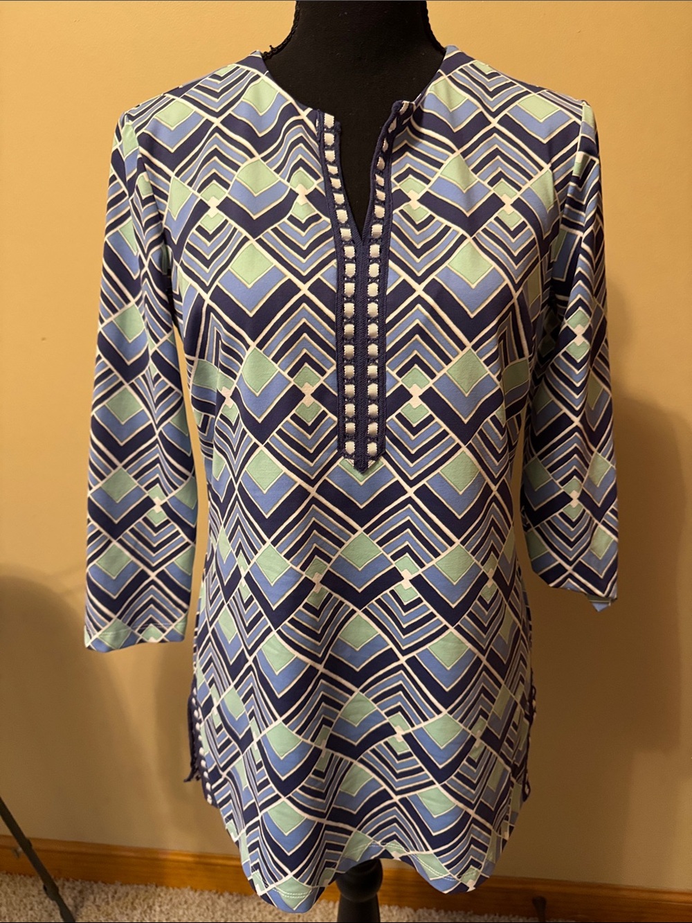 Navy & Mint Geo-Print Tunic with Notch Neck
